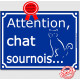 Plaque ou sticker portail bleu humour "Attention au Chat sournois", 16 cm, pancarte drôle panneau vicieux