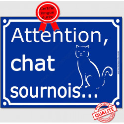 Plaque ou sticker portail bleu humour "Attention au Chat sournois", 16 cm, pancarte drôle panneau vicieux