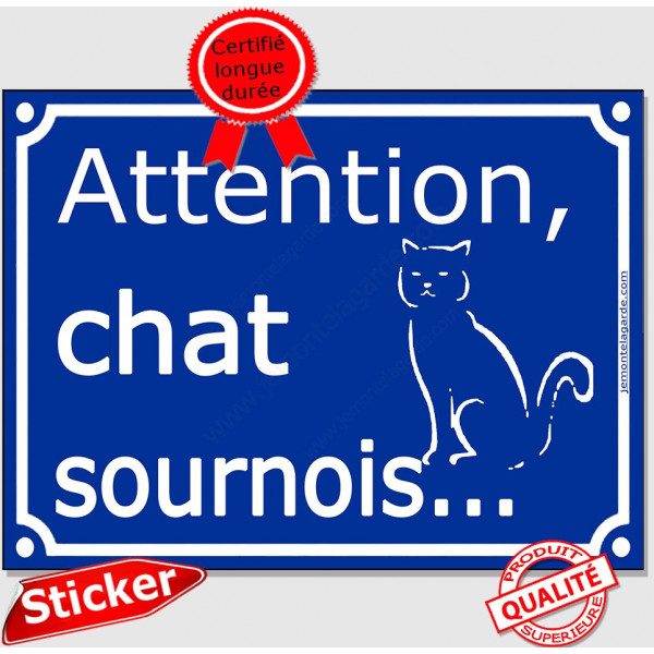 Sticker autocollant portail bleu humour "Attention au Chat sournois", 16 cm, adhésif drôle vicieux