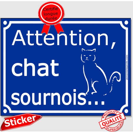 Plaque ou sticker portail bleu "Attention au Chat sournois" 16 cm