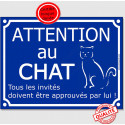 Plaque ou sticker bleu "Attention au Chat", Tous les invités...approuvés 16 cm C