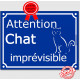 Plaque ou sticker portail bleu humour "Attention au Chat Imprévisible", 16 cm, pancarte drole panneau
