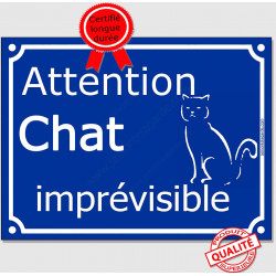 Plaque ou sticker portail bleu humour "Attention au Chat Imprévisible", 16 cm, pancarte drole panneau