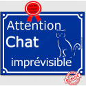 Plaque ou sticker portail bleu "Attention au Chat Imprévisible" 16 cm C