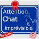 Plaque portail bleue humour "Attention au Chat Imprévisible", 16 cm, pancarte drôle panneau
