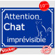 sticker autocollant portail bleu humour "Attention au Chat Imprévisible", 16 cm, adhésif drôle