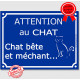 Plaque ou sticker portail bleu humour "Attention au Chat bête et méchant", 16 cm, pancarte drole panneau