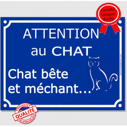 Plaque ou sticker portail bleu "Attention au Chat bête et méchant" 16 cm