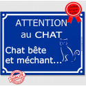 Plaque ou sticker portail bleu "Attention au Chat bête et méchant" 16 cm