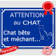 Plaque portail bleue humour "Attention au Chat bête et méchant", 16 cm, pancarte drole panneau