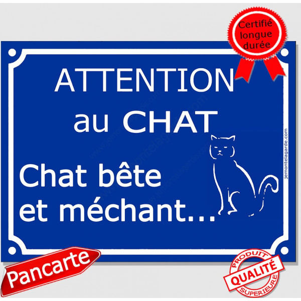 Plaque portail bleue humour "Attention au Chat bête et méchant", 16 cm, pancarte drole panneau