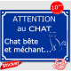sticker autocollant portail bleu humour "Attention au Chat bête et méchant", 16 cm, adhésif drôle