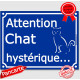 Plaque portail bleue humour "Attention au Chat hystérique", 16 cm, pancarte drole panneau affiche