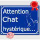 Plaque ou sticker portail bleu humour "Attention au Chat hystérique", 16 cm drôle