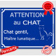 Plaque portail bleue humour "Attention au Chat gentil, maître lunatique", 16 cm, pancarte drôle