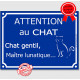 Plaque ou sticker portail bleu humour "Attention au Chat gentil, maître lunatique", 16 cm drôle