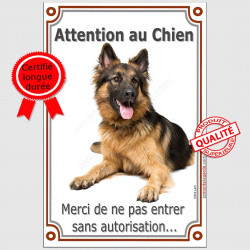 Berger Allemand Poils Longs couché, Plaque Attention au Chien panneau pancarte, interdit sans autorisation