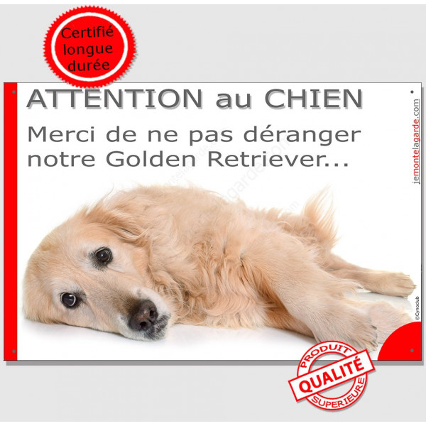 Plaque portail "Attention au Chien, Merci de ne pas déranger notre Golden Retriever" 24 cm, pancarte panneau feignant dort photo