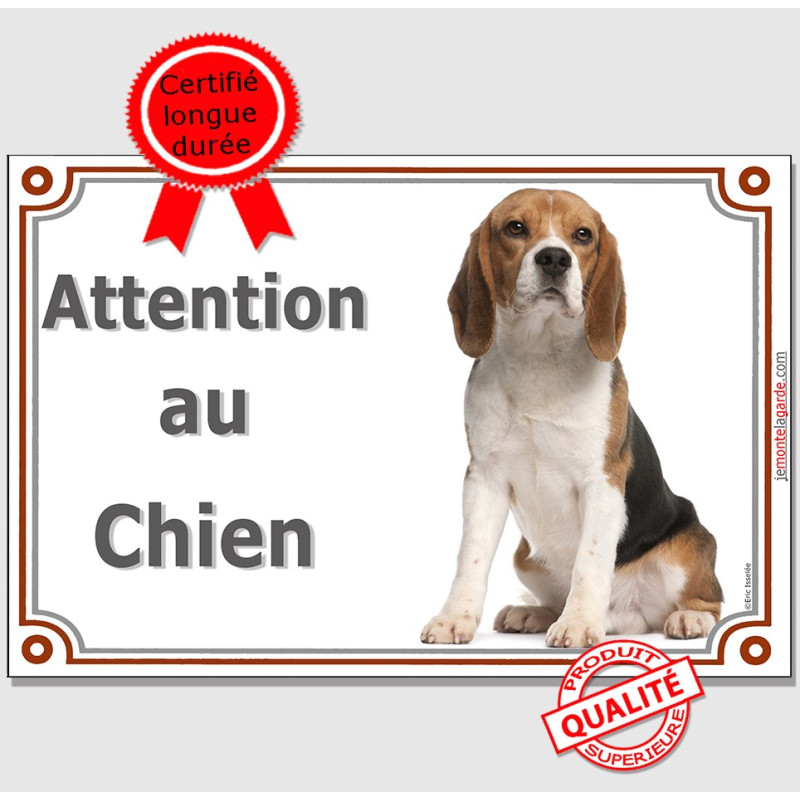 Beagle tricolore assis,  Panneau Portail photo "Attention au Chien" résiste à l'extérieur, idée cadeau