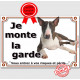Bull Terrier Marron Bringé, plaque portail "je monte la garde, risques périls" panneau pancarte photo attention au chien affiche
