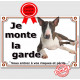 Bull Terrier Marron Bringé, plaque portail "je monte la garde, risques périls" panneau pancarte photo attention au chien affiche