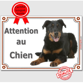 Beauceron couché, plaque portail photo "Attention au Chien" résiste pluie soleil gel, idée cadeau, 3 tailles D