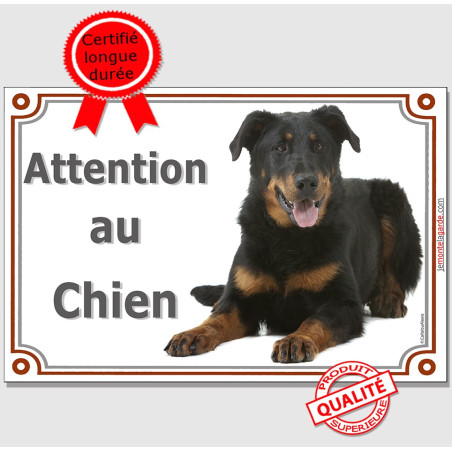 Beauceron couché, plaque portail photo "Attention au Chien" résiste pluie soleil gel, idée cadeau, 3 tailles D