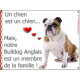 Bulldog Anglais avec Cocard, Plaque Portail "un chien est membre de la famille" pancarte, affiche panneau photo