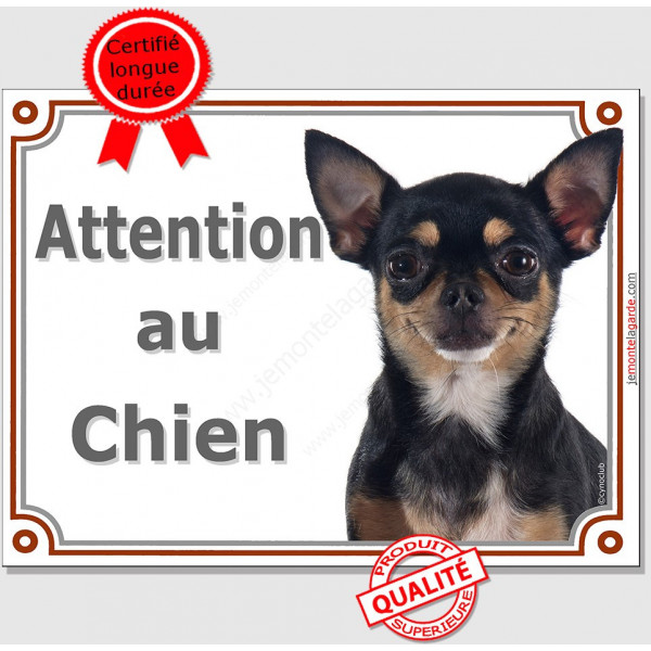 Plaque portail 2 tailles Attention au Chien, Chihuahua noir et feu à poils courts Tête pancarte panneau