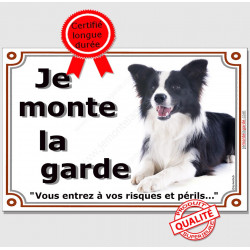 Border Collie noir et blanc couché, Panneau Portail "je monte la garde, risques périls" plaque affiche pancarte photo