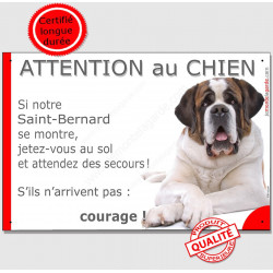 St-Bernard couché, plaque humour "Jetez Vous au Sol, Attention au Chien" 24 cm JET