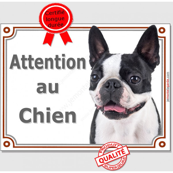 Plaque portail "Attention au Chien" Boston Terrier Tête pancarte panneau photo