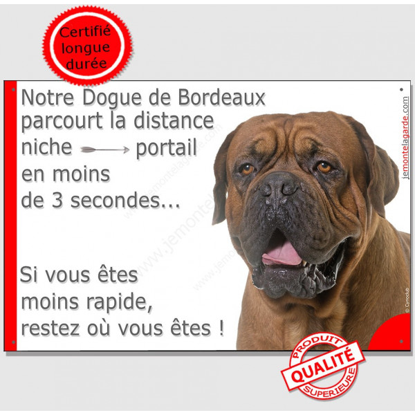 Dogue de Bordeaux face noir Tête, plaque humour parcourt "distance Niche-Portail moins 3 secondes" pancarte attention au chien p