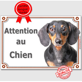 Teckel Poils Ras Noir et Feu, Plaque portail "Attention au Chien" photo, résiste pluie soleil gel, idée cadeau