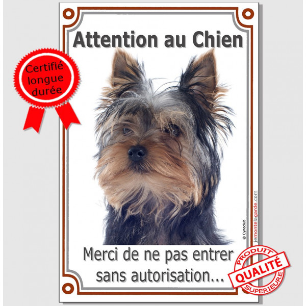 Yorkshire Tête, Plaque Portail "Attention au Chien, interdit sans autorisation" verticale, pancarte, affiche panneau photo