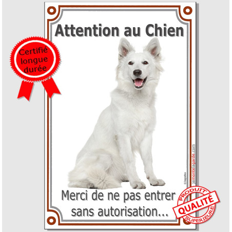 Berger Blanc Suisse Assis, plaque portail verticale "Attention au Chien, merci de ne pas entrer sans autorisation" 2 Tailles D Berger Blanc Suisse Assis, plaque portail verticale "Attention au Chien, merci de ne pas entrer sans autorisation" 2 Tailles D