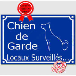 Plaque portail bleue "Chien de garde, locaux surveillés..." pancarte panneau attention au chien surveillance