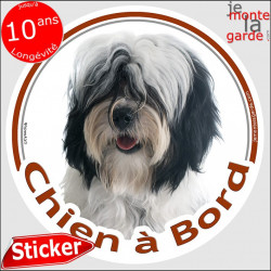 Terrier du Tibet blanc et noir poils longs Tête, sticker autocollant rond "Chien à Bord" disque adhésif vitre voiture photo