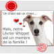 Lévrier Whippet Tête, plaque Portail "Attention, un chien est un membre de la famille" affiche panneau pancarte