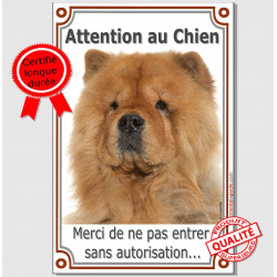 Plaque portail verticale Chow-Chow fauve tête "Attention au Chien, interdit sans autorisation" pancarte panneau photo