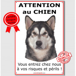 Alaskan Malamute, plaque portail verticale Attention au Chien, pancarte affiche panneau, risques et périls