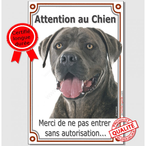 Cane Corso gris bleu, plaque portail verticale "Attention au Chien, interdit sans autorisation" pancarte panneau photo