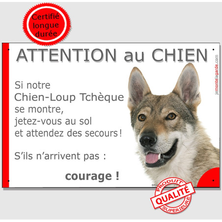 Chien-Loup Tchèque, pllaque portail humour "Attention au Chien, Jetez Vous au Sol" photo, résiste pluie soleil gel, idée cadeau