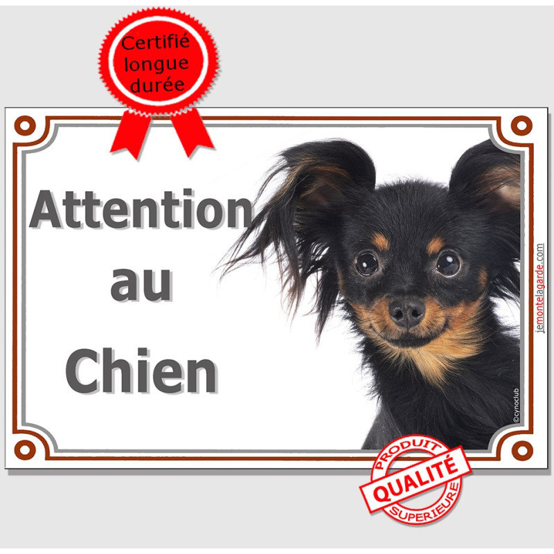 Plaque portail "Attention au Chien" Russkiy Toy noir et feu, petit chien russe photo, résiste à l'extérieur, fabriqué en France