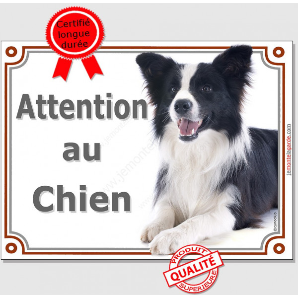 Border Collie noir et blanc poils longs couché, plaque portail "Attention au Chien" photo résiste intempéries