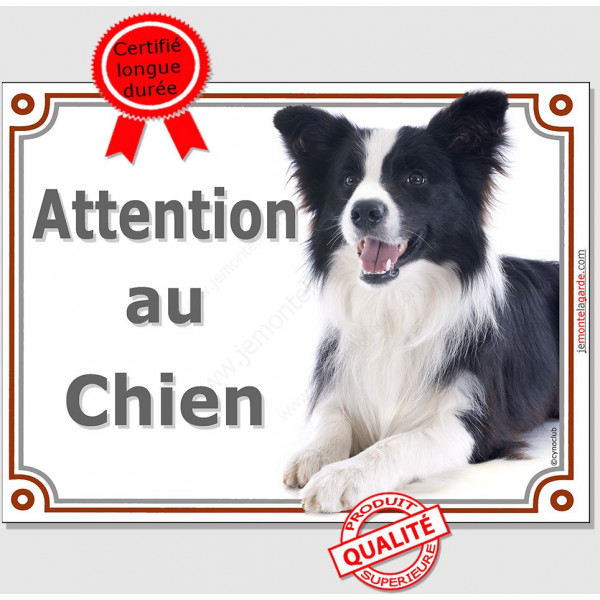 Border Collie noir et blanc poils longs couché, plaque portail "Attention au Chien" pancarte panneau affiche photo