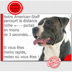 Amstaff noir et blanc, plaque humour "distance Niche - Portail moins 3 secondes" american pancarte drôle attention chien photo