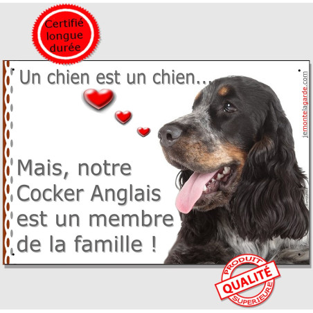 Cocker Anglais tricolore bleu roan et feu, Plaque Portail "un chien est un chien, membre de la famille" photo, résiste pluie sol