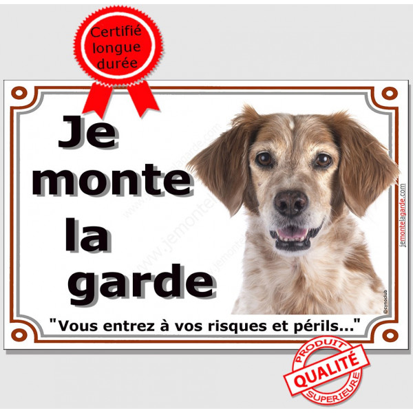 Epagneul Breton blanc et orange Tête, plaque portail "Je Monte la Garde, risques et périls" panneau pancarte attention au chien