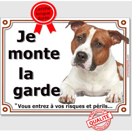 Amstaff Fauve, Plaque portail "Je Monte la Garde, risques périls" photo résiste intempéries American Staffordshire Terrier